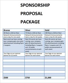 a table with the words sponsor, proposal package and other items