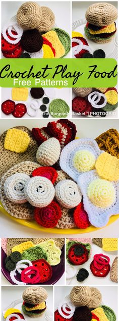 crochet play food is shown on a plate and in the process of making it