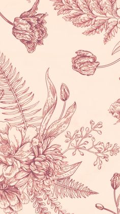 a drawing of flowers and leaves on a pink background