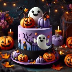 a halloween cake decorated with pumpkins and ghost faces