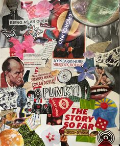 a collage of various images and words on a piece of paper that is covered in stickers