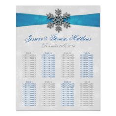 a blue and white snowflaked wedding seating chart with the date on it