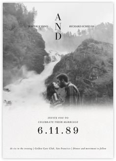 a black and white photo of two people standing in front of a waterfall with the words and date printed on it