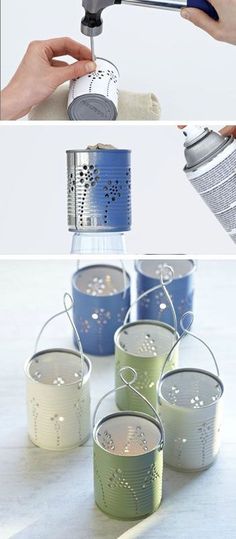 four different pictures showing how to use tin cans