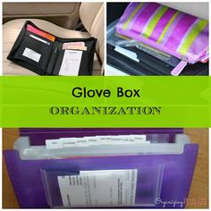 an organization box filled with files and folders next to the words glove box organization