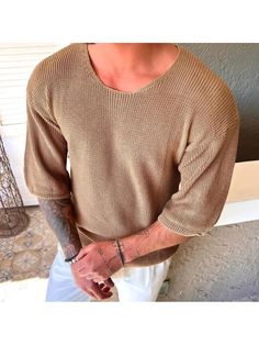 Men Sweaters, Knitted Wool 3/4 Sleeve Solid T-Shirt Casual Cotton Sweater With 3/4 Sleeves, Knit Sweater With 3/4 Sleeves, Casual Knit Sweater With 3/4 Sleeve, Casual 3/4 Sleeve T-shirt For Fall, Casual Knit Tops With 3/4 Sleeves, Casual 3/4 Sleeve Winter Sweater, Sweaters Knitted, Pullover Designs, Half Sleeves