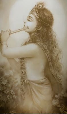 a painting of a woman with long hair holding a flute in her right hand and looking to the side