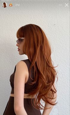 70s Ginger Hair, Rich Ginger Hair, Ginger Hair On Asian, Auburn Hair Aesthetic, Bright Spring Hair Color, Deep Ginger Hair, Copper Hair With Bangs, Ginger Hair Styles, Brown Ginger Hair