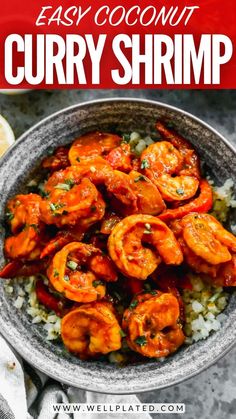 a bowl full of shrimp and rice with the title overlay reads easy coconut curry shrimp