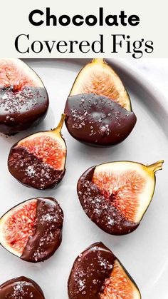 chocolate covered figs on a white plate with text overlay that reads chocolate covered figs