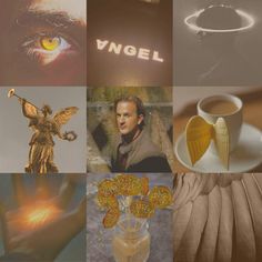 a collage of photos with an angel statue, coffee cup and saucer in the foreground