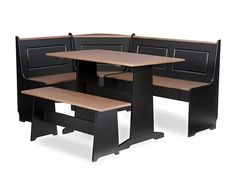 the corner table and benches are black with wood panels on each side, as well as a bench for two people