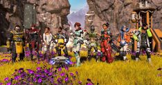 an image of some sci - fi characters standing in the middle of a field with purple flowers