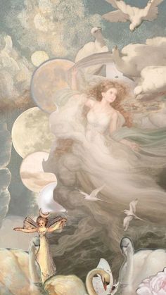 an artistic painting with swans and doves in the sky above it is a woman surrounded by birds