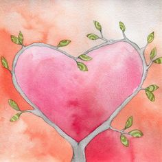 a watercolor painting of a heart shaped tree with leaves on the branches and pink background