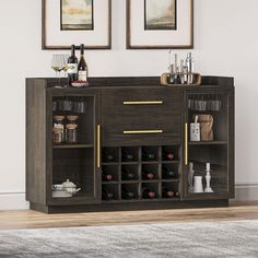 an entertainment center with wine bottles and glasses