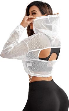 SweatyRocks Women's Activewear Long Sleeve Hollow Out Drawstring Hooded Sweatshirt Sports Crop Top Sports Crop Top, Estilo Fitness, Sports Sweatshirt, Sports Crop Tops, Sports Sweatshirts, Women's Activewear, Active Wear Outfits, Sport Wear, Womens Activewear