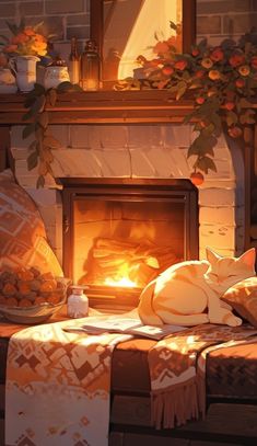 a cat laying on a bed in front of a fire place with pillows and blankets