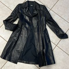 Long Leather Jacket Size Says Medium But Fits More Like A Small Barely Worn Turkish Leather Black Outerwear With Zipper Closure For Office, Black Office Outerwear With Zipper Closure, Long Leather Jacket, Leather Jackets, Leather Coat, Jackets & Coats, Jackets For Women, Leather Jacket, Leather