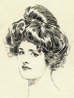 a black and white drawing of a woman's head with curls on her hair