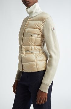 A quilted nylon front contrasts the rich virgin wool body of this down-insulated puffer jacket from the Italian label known for its impeccable outerwear. 23" length (size Medium) Front snap closure Crewneck Front snap-welt pockets Lined, with 90% down, 10% feather fill (Moldova) 100% virgin wool with 100% nylon contrast Dry clean Made in Moldova Designer Clothing Designer Quilted Nylon Outerwear, Winter Outerwear With Padded Shoulders, Designer Quilted Down Puffer Jacket, Luxury Winter Quilted Puffer Jacket, Designer Quilted Nylon Puffer Jacket, Luxury Quilted Puffer Jacket For Cold Weather, Luxury Winter Quilted Down Jacket, Luxury Down Quilted Jacket For Winter, Luxury Down Quilted Winter Jacket