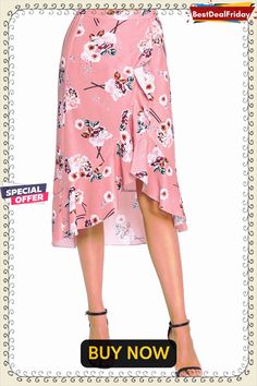 Bestdealfriday Floral Ruffle Wrap Skirt In Pink P1479831 Skirts Design, Ruffle Wrap Skirt, Midi Skirts Summer, Ruffle Skirts, Asymmetrical Midi Skirt, Cheap Skirts, Bohemian Skirt, Pink Ruffle, Loungewear Sets