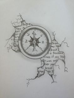 a drawing of a compass with words written on it and some cracks in the wall