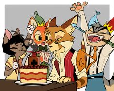 an image of cartoon cats celebrating birthday with cake and party hats in front of them