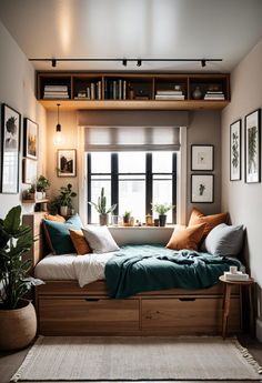 a small bedroom with a bed, bookshelf and plants in the window sill