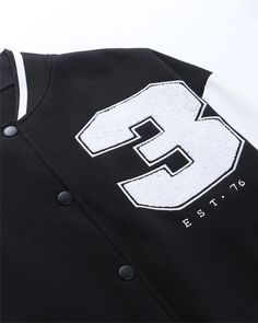 Details: Baseball jacket with number 3 printTop Length: NormalSleeve Length: Long SleevesMaterials:95% Polyester + 5% Spandex Graphic Print Long Sleeve Outerwear For Sports Events, Black Long Sleeve Varsity Jacket For Baseball Season, Black Outerwear For Sports Events, Long Sleeve Graphic Print Outerwear For Baseball Season, Black Varsity Outerwear For Baseball Season, Black Outerwear With Letter Print And Baseball Collar, Collegiate Long Sleeve Outerwear With Graphic Print, Casual Black Varsity Jacket For Baseball Season, Black Letter Print Outerwear For Sports Season