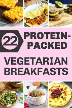 the cover of 22 protein packed vegetarian breakfasts with images of eggs, bread and vegetables