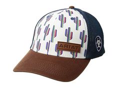 Ariat Multi Cactus Snapback Cap - Caps : White/Blue : The eye-catching Southwestern design of the Ariat Multi Cactus Snapback Cap lets you show off a little desert style. Comfortable baseball cap with fabric front and mesh back. Features a white background with multi-colored cactus and faux leather patch with an Ariat name logo on the front panel. Six-panel baseball cap design. Snapback closure for adjustable fit. Spot clean only. 100% man-made materials. Imported. Measurements: Circumference: 2 Punchy Hats, Ariat Hats, Southwestern Fashion, Country Clothes, Country Hats, Ninth Grade, Desert Fashion, Cap White, Cap Designs