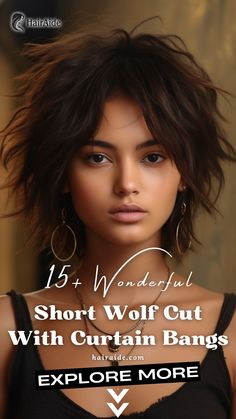 Opt for a sleek and chic style with a deep brown very short wolf cut, featuring elegant curtain bangs for a trendy and modern look. Click for more short wolf cuts with curtain bangs. Alt Haircuts Short Fluffy, Alt Haircuts Short, Pixie With Curtain Bangs, Wolf Cut Short Hair With Bangs, Alt Haircuts, Med Hair, Wolf Cuts, Shaggy Pixie