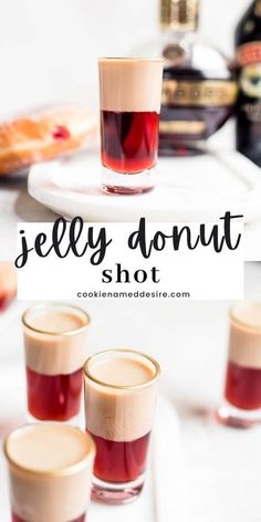 jelly donut shot recipe on a plate with three shots in the foreground and two glasses filled with them