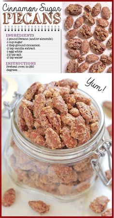 cinnamon sugar pecans in a glass jar with the words, you're nuts