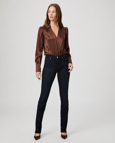 The essential straight silhouette with a high rise and a lean leg opening that creates a universally flattering fit. Cut from our TRANSCEND VINTAGE denim in a dressier dark wash this style has the look of authentic vintage denim but is incredibly comfortable with plenty of stretch and recovery. | Hoxton Straight Jean - Enchantress Blue | Size 26 Lean Legs, Latest Jeans, Black Shadow, Dark Denim Jeans, Low Rise Jeans, Paige Denim, Bottom Clothes, High Rise Jeans, Dark Denim