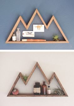 two wooden shelves with pictures and air plants on them, one is made out of wood