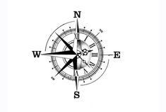 a black and white photo of a compass on a white background with the word w is e written in cursive writing