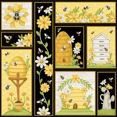 bees and honeycombs quilt pattern with beehive, sunflowers, daisies