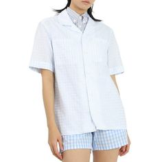 Burberry Ladies Tops. Fashion category: Shirts & Blouses. SKU: 4564506. Color: Pale Blue. Burberry Gingham Check Print Oversized Shirt. This cotton-blend shirt from Burberry features a straight-point collar, front button fastening, short sleeves and gingham check print. Materials: 65% cotton, 35% linen. Size: 10. Spring Gingham Tops For Loungewear, Relaxed Fit Gingham Button-up Shirt, Summer Plaid Relaxed Fit Blouse, Collared Gingham Tops With Relaxed Fit, Summer Plaid Blouse With Relaxed Fit, Casual Gingham Blouse For Daywear, Relaxed Fit Gingham Tops For Workwear, Gingham Relaxed Fit Collared Shirt, Relaxed Fit Gingham Collared Shirt