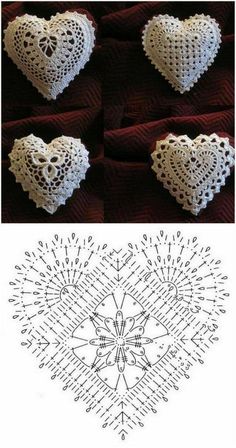 crocheted hearts are shown in three different sizes and colors, with the same pattern as