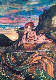 a painting of two women sitting on top of a rock next to the ocean with flowers in their hair