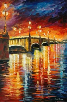 a painting of a bridge over water with lights on it at night and the sky in the background