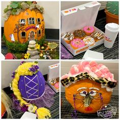 several pictures of decorated pumpkins and other items