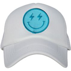 The turquoise blue happy face emoji patch stitched onto this foam wholesale trucker hat for women flaunts a pair of cute lightning bolt eyes to zap away any negative vibes. 65% cotton, 35% polyester machine wash delicate or hand wash one size fits most adjustable back mesh netting snapback closure has inner sweatband Blue Happy Face, Cute Lightning Bolt, Happy Face Emoji, Face Emoji, Face Patches, Mesh Netting, Glitter Earrings, Panel Hat, Hat For Women