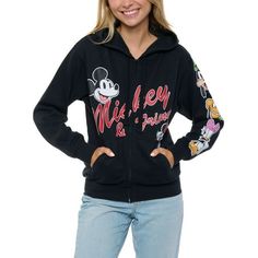 Mickey Mouse has a lot of friends but 6 in particular are his best! Your upcoming Disneyland trip will be a blast! > Womens Mickey Mouse & Friends Black Zip Hoodie Sweatshirt Disney. > Featuring a graphic print of Mickey and Minnie on the front. The left sleeve has a print of Goofy, Pluto, Daisy, and Donald. > Two front pockets, ribbed cuffed bottom hem and long sleeves. > Black sweater with Black drawstrings > 60% Cotton, 40% Polyester. Soft and lightweight fleece fabric. Size: XL.  Gender: fem Disney Hoodie, Plus Size Disney, Black Zip Hoodie, Friends Black, Disney Hoodies, Disneyland Trip, Oversized Pullover, Black Zip Ups, Black Sweater