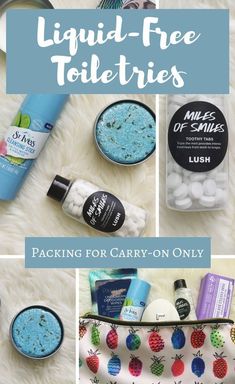 the contents of a carry - on bag with text overlay that reads liquid - free toiletries packing for carry - on only