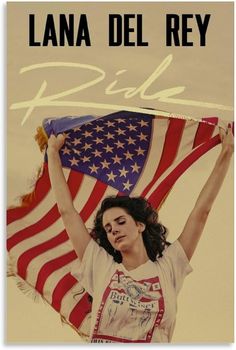 a woman holding an american flag in front of her face and the words, lana del rey