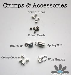 several types of crimps and accessories are shown in this image with the words crimp & accessories below them