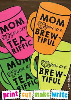 three coffee mugs with the words mom you are brew - tiful on them